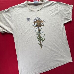 Vintage 90s Endless Designs Cat Birdhouse Graphic T-Shirt Tan Men Large USA Made
